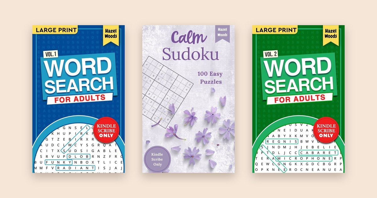 Covers of three Hazel Woods puzzle books for Kindle Scribe: Word Search for Adults, Volume 1 and Volume 2, and Calm Sudoku