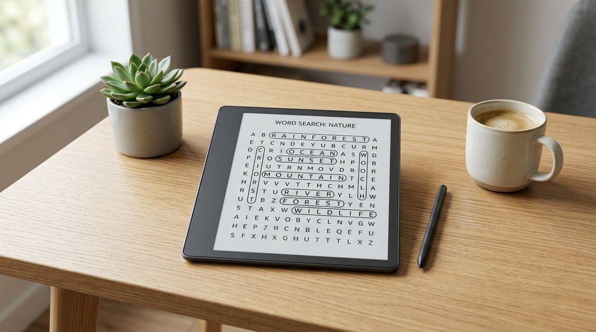 Kindle Scribe tablet displaying a word search puzzle with stylus resting on the screen