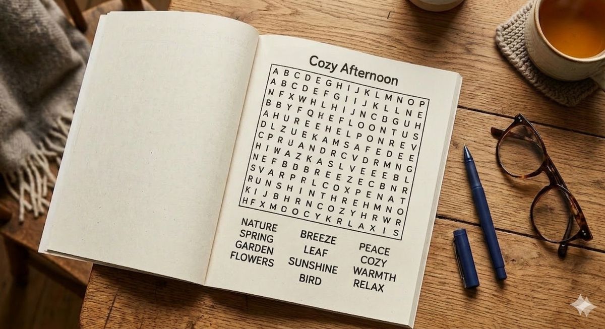 Open large print word search book on a table with pen and reading glasses