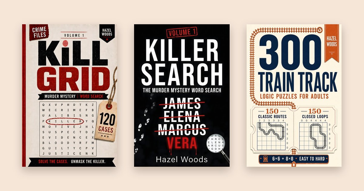 Covers of Kill Grid, Killer Search and 300 Train Track Logic Puzzles for Adults by Hazel Woods