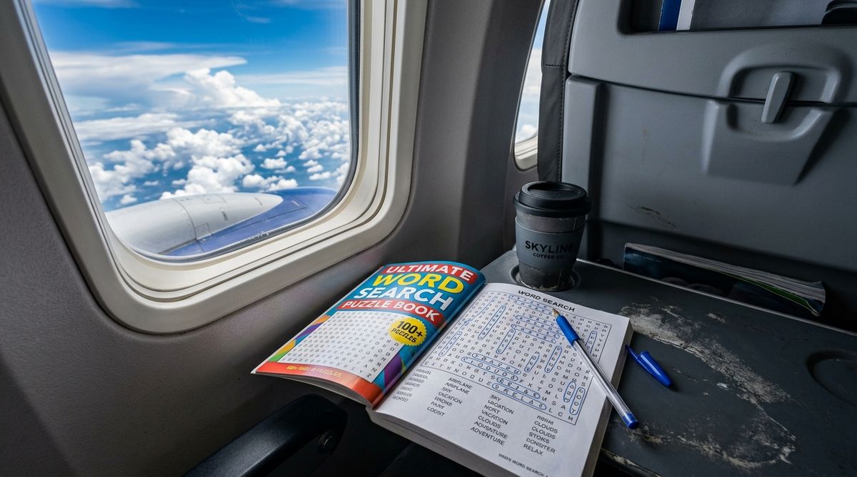 Open word search puzzle book on an airplane tray table next to a window showing clouds