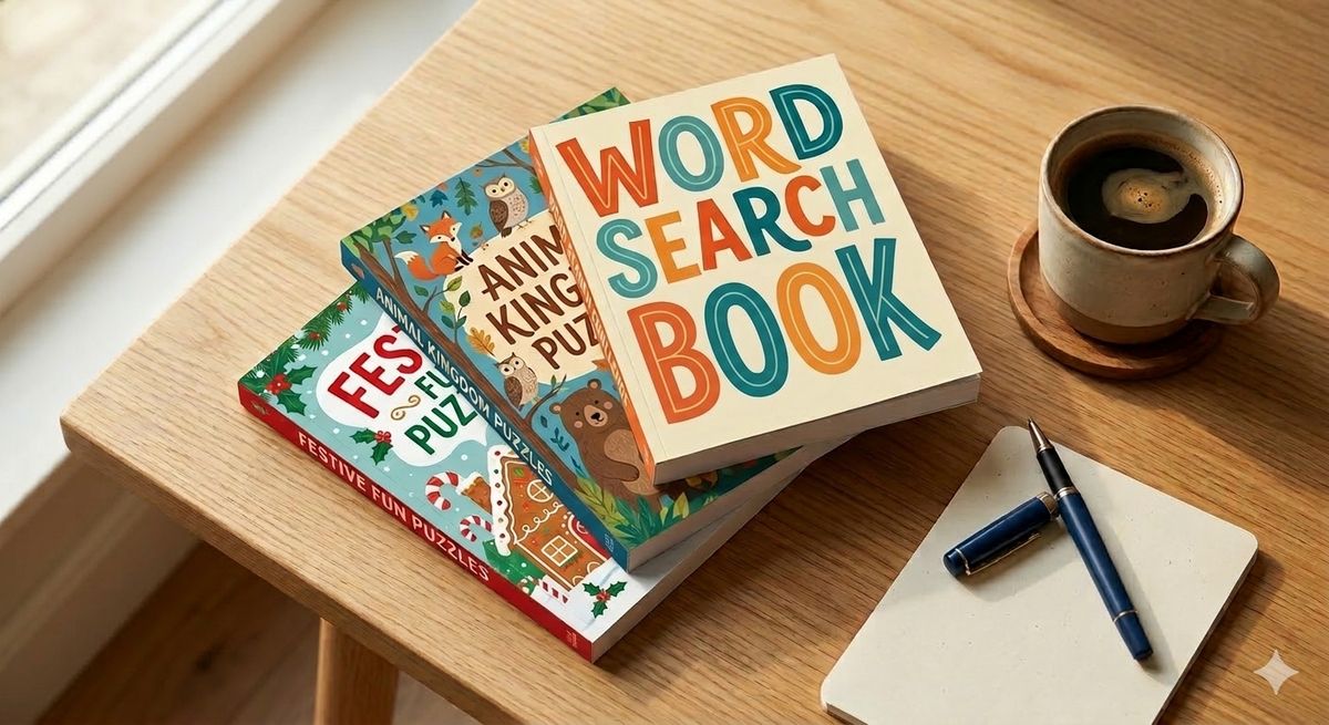 Stack of word search puzzle books for adults on a wooden table