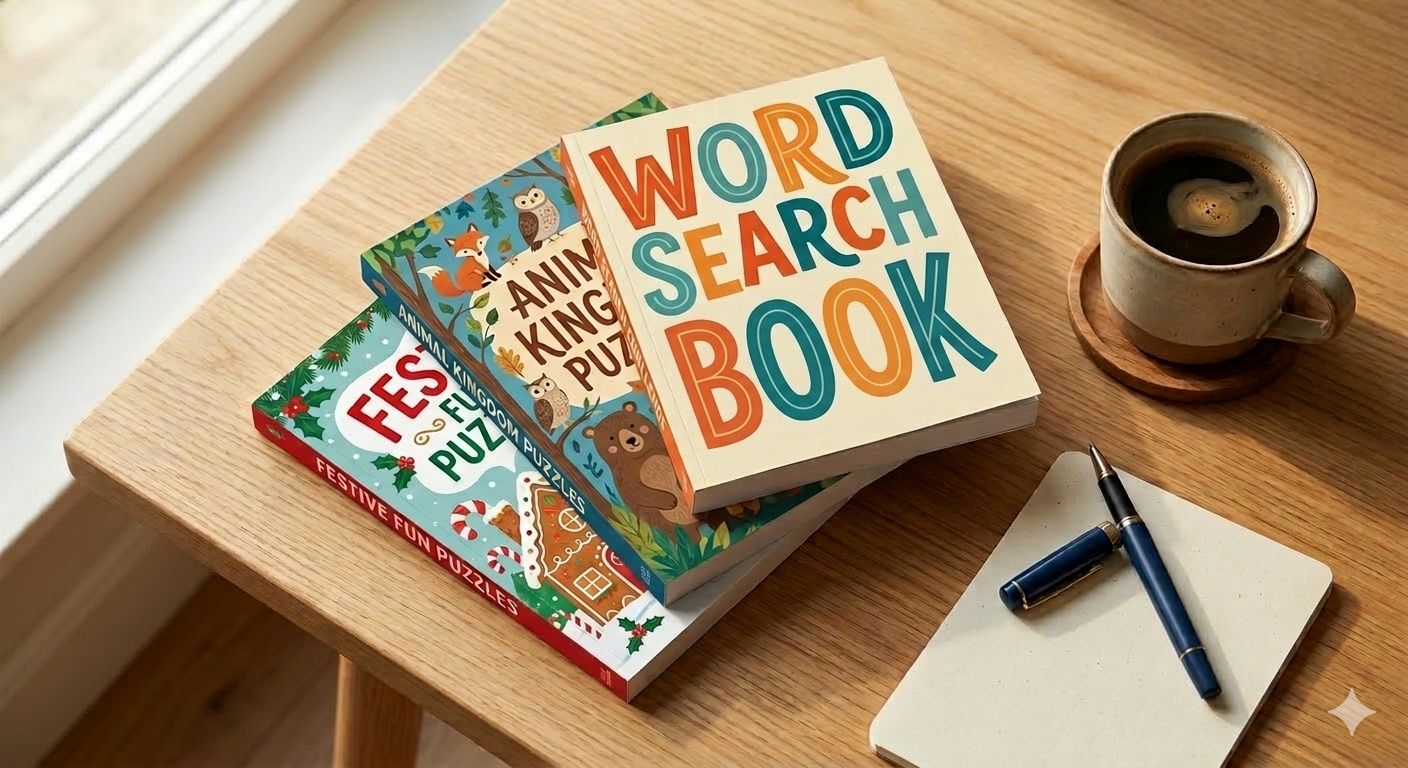 Stack of word search puzzle books for adults on a wooden table