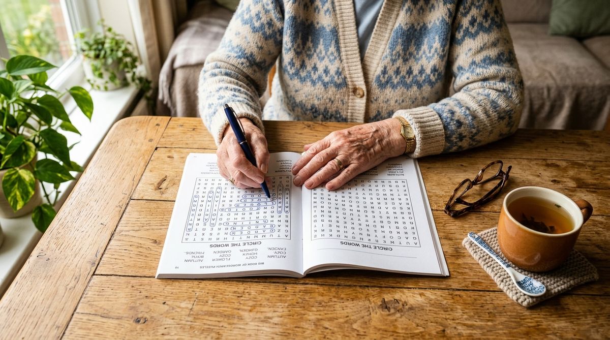 Elderly woman solving a word search puzzle book at a sunlit table with reading glasses nearby