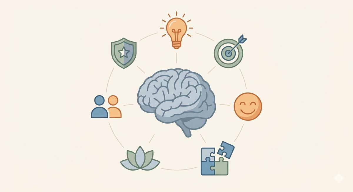 Brain illustration showing seven cognitive benefits of puzzle books