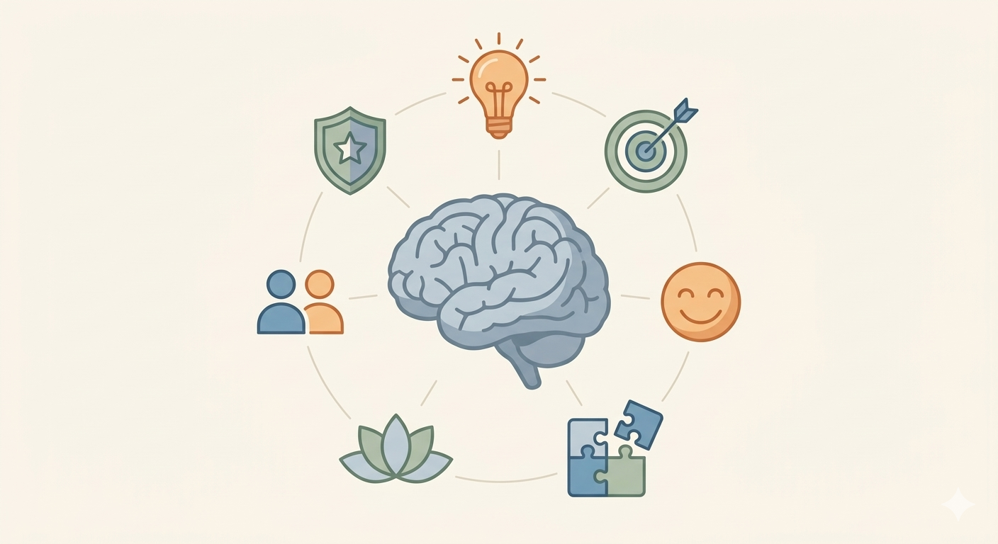 Brain illustration showing seven cognitive benefits of puzzle books