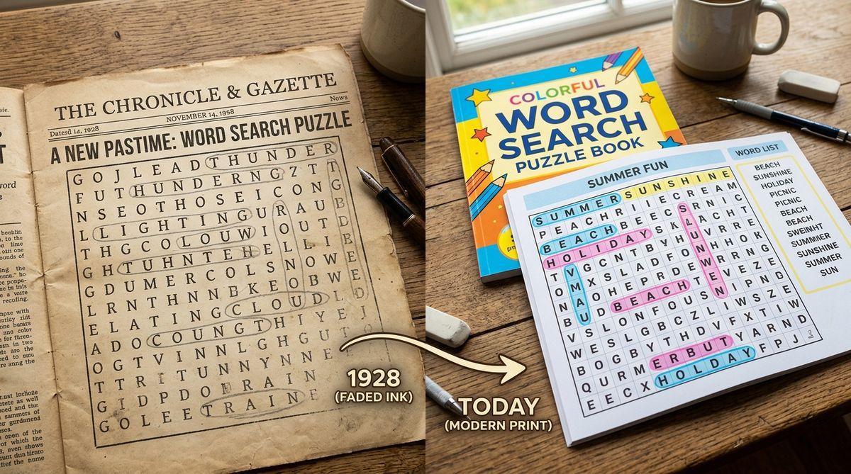 Vintage newspaper clipping next to a modern word search puzzle book showing the evolution of the format