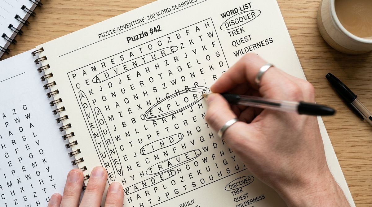 Close-up of hands rapidly circling words in a word search puzzle book with a pen