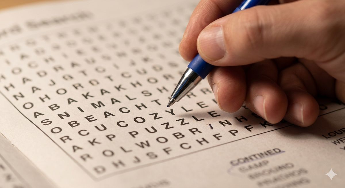 Hand with pen circling a word in a word search grid