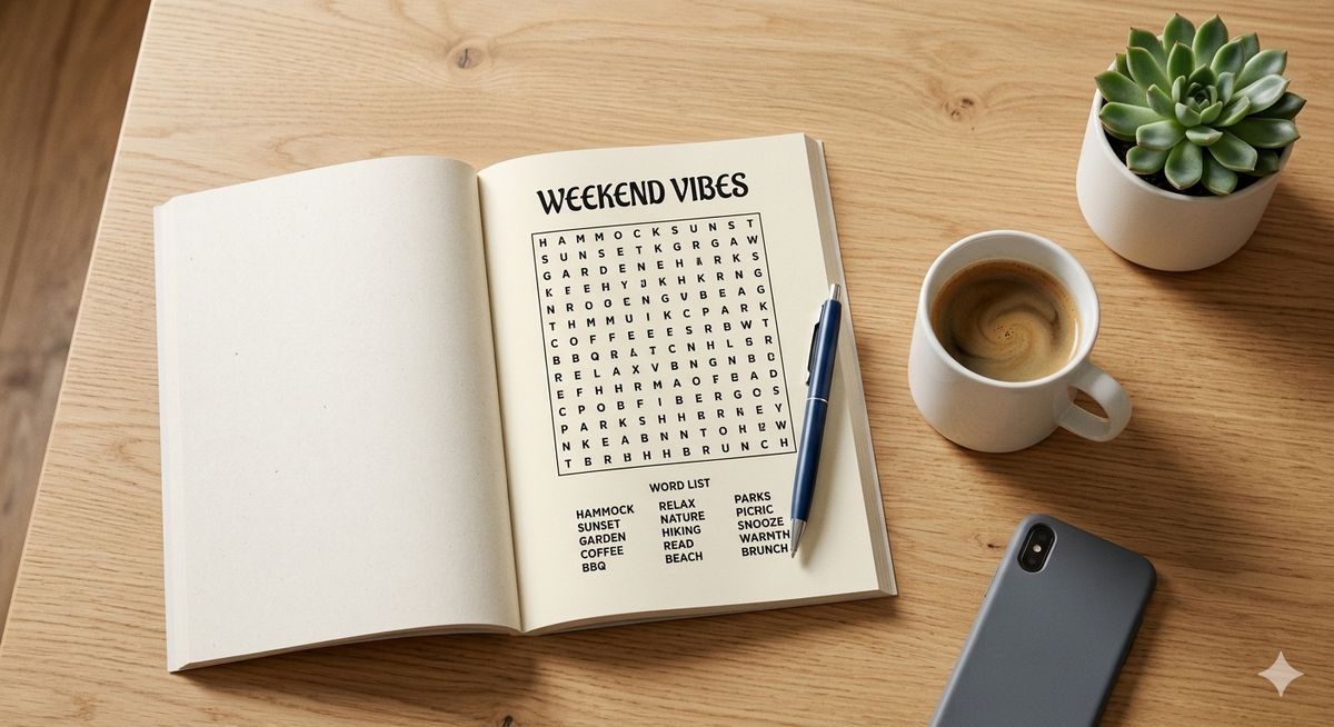 Puzzle book and coffee on desk with phone face down