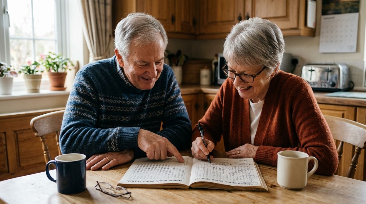 Senior couple working on a word search puzzle book together at a kitchen table