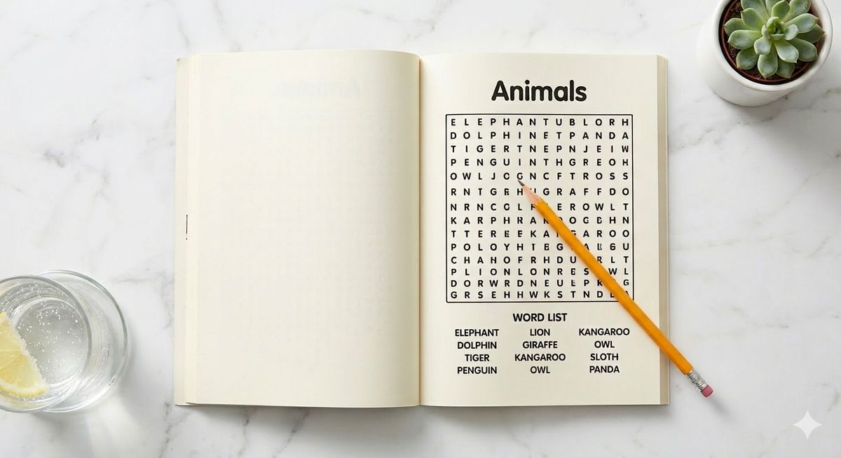 Open word search book with a few words circled in pen