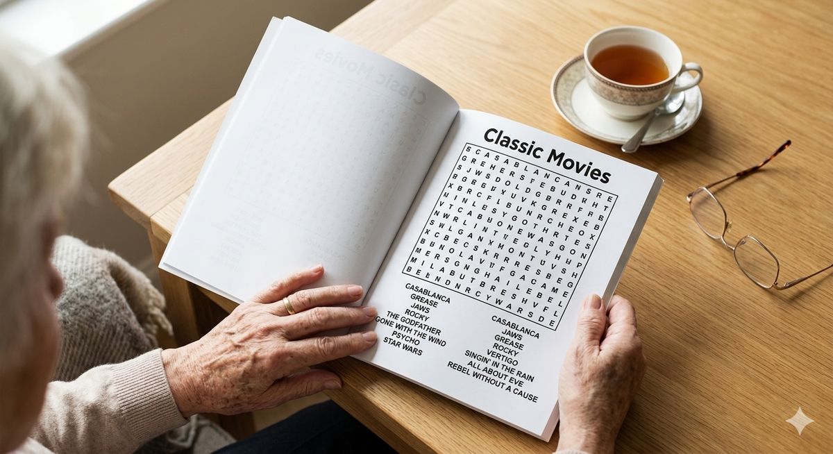 Senior hands holding an open word search puzzle book