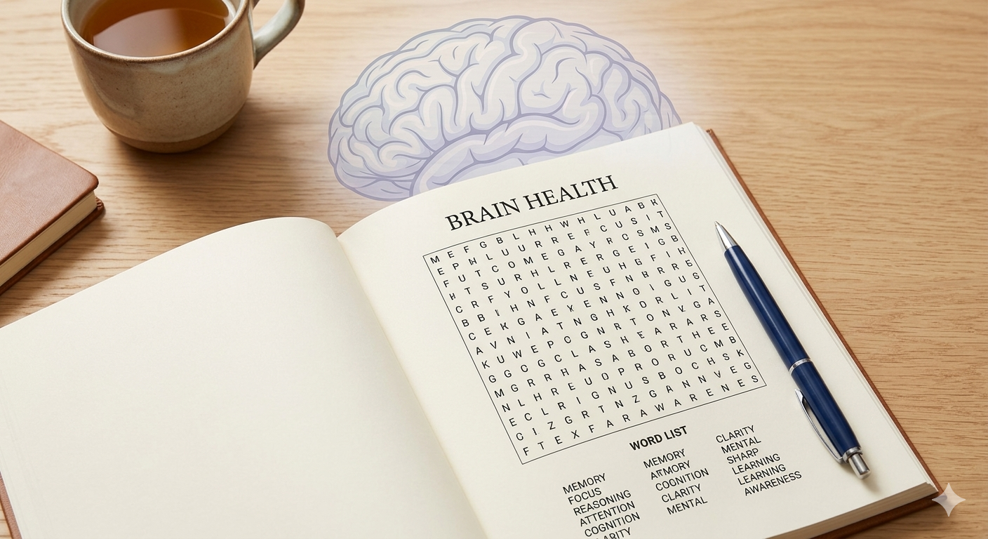 Person solving a word search puzzle with brain health research icons overlay